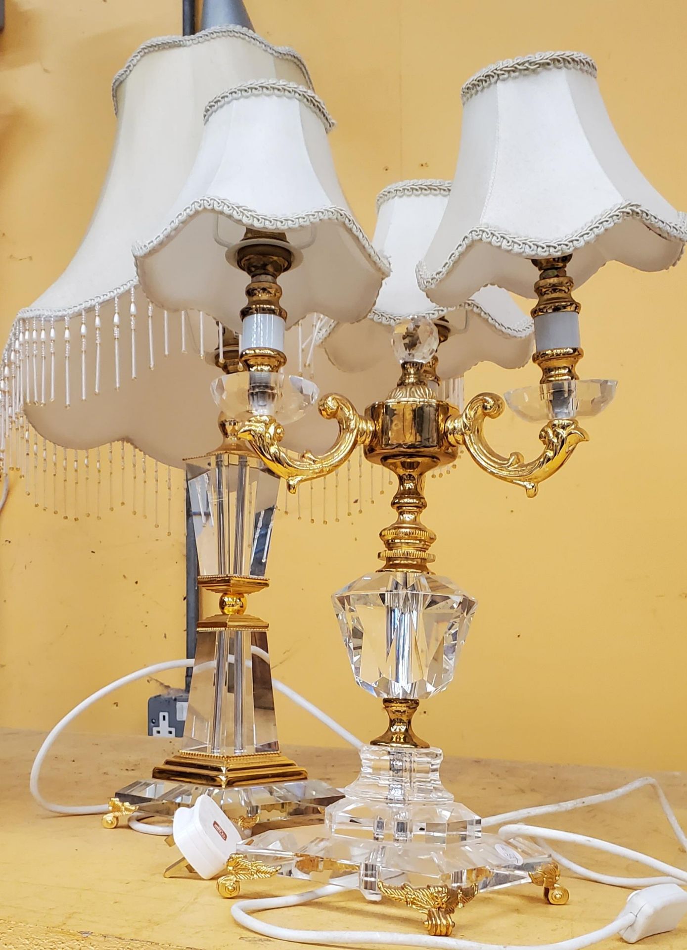 TWO LART GILT AND GLASS TABLE LAMPS, ONE WITH THREE BRANCHES, BOTH WITH SHADES, HEIGHT 35CM AND 39CM
