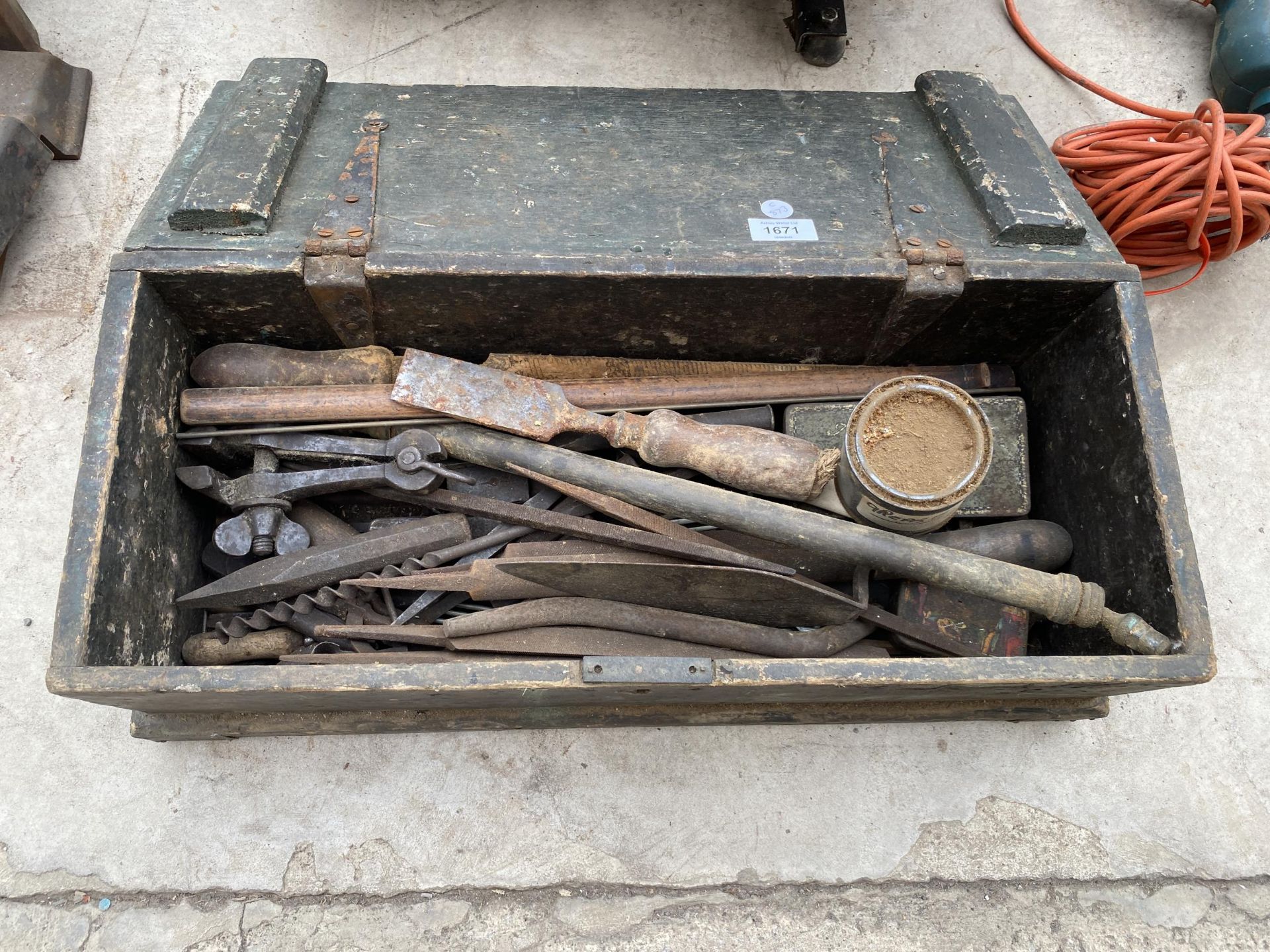 A BOX OF ASSORTED VINTAGE TOOLS ETC