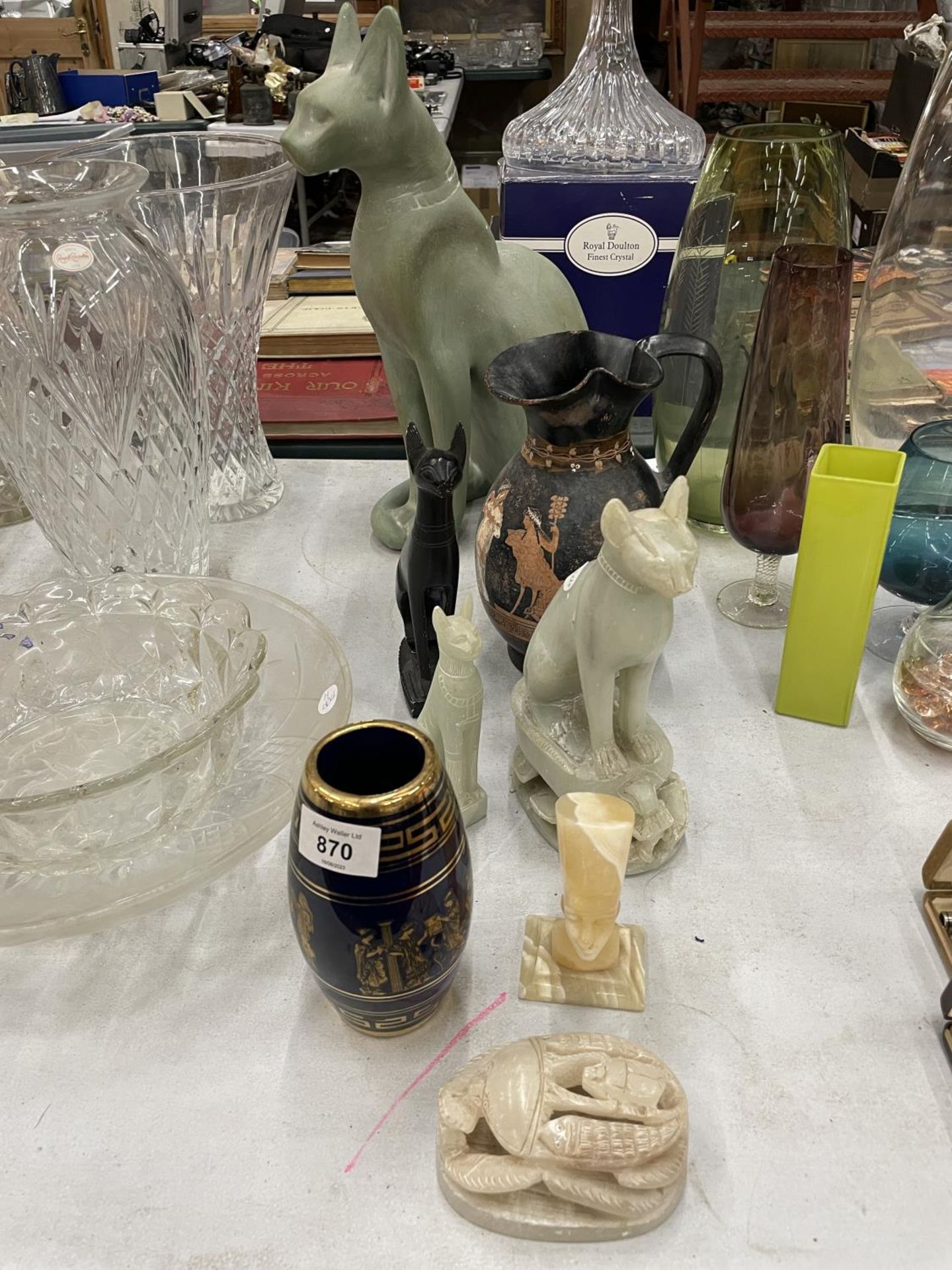 A COLLECTION OF EGYPTIAN STYLE ITEMS TO INCLUDE CATS, ONE OF WHICH IS MARBLE/ONYX, A BUST OF A