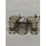 A SET OF FIVE HALLMARKED SILVER CONDIMENT ITEMS - LIDDED POTS, OPEN SALT AND SHAKERS