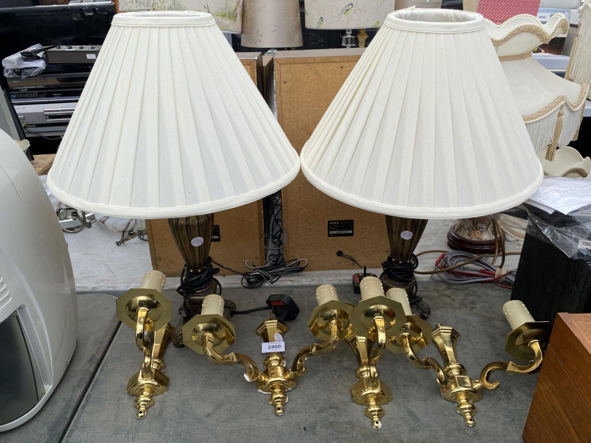 TWO TABLE LAMPS WITH CREAM SHADES TOGETHER WITH FOUR BRASS WALL LAMPS