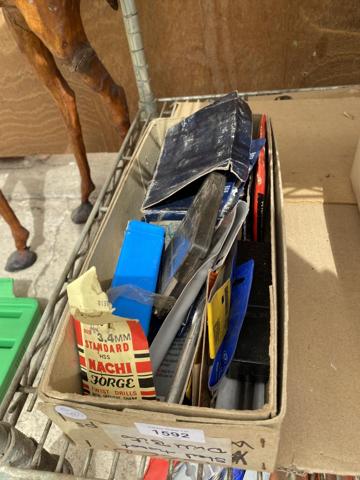 A BOX OF ASSORTED NEW OLD STOCK TOOL ITEMS ETC