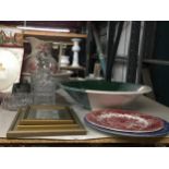 A MIXED LOT TO INCLUDE CUT GLASS DECANTERS , OWL PRINT, VICTORIAN WASH JUG AND BOWL ETC