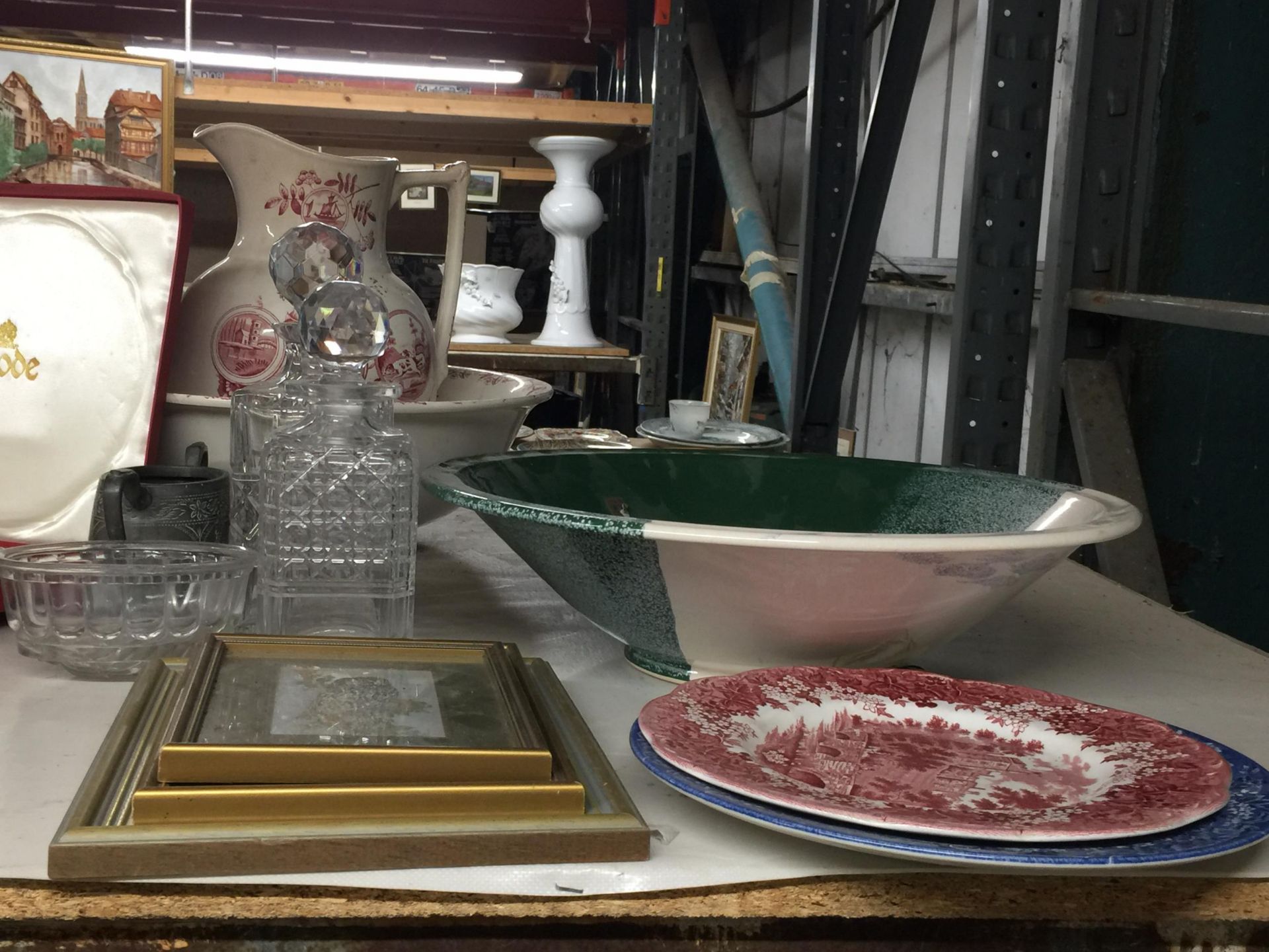 A MIXED LOT TO INCLUDE CUT GLASS DECANTERS , OWL PRINT, VICTORIAN WASH JUG AND BOWL ETC