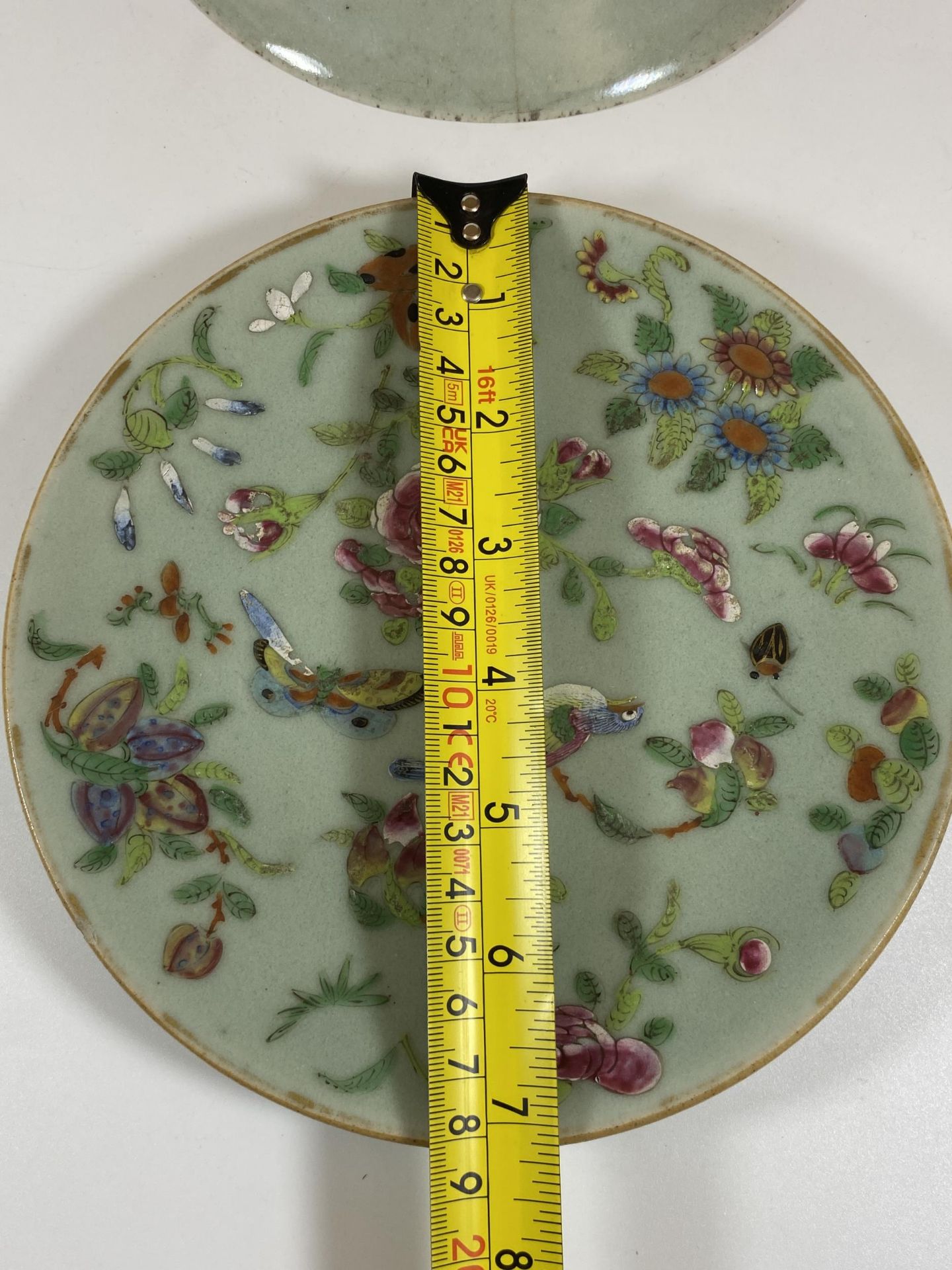 A PAIR OF 19TH CENTURY QING CHINESE CELADON GROUND BIRD AND FLORAL DESIGN PLATES, DIAMETER 18CM - Image 6 of 6