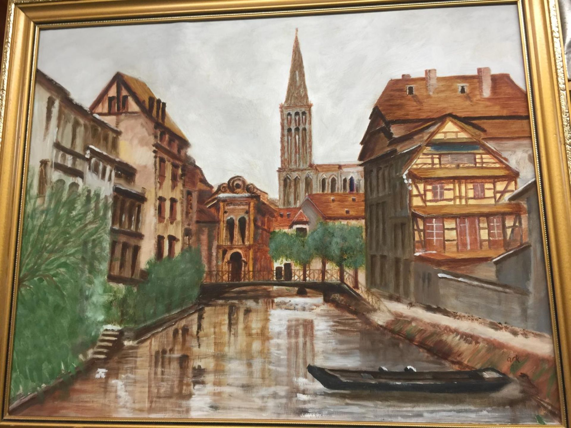 AN OIL ON BOARD OF A CANAL SCENE PLUS A PRINT OF A BOAT IN A HARBOUR - Image 2 of 2