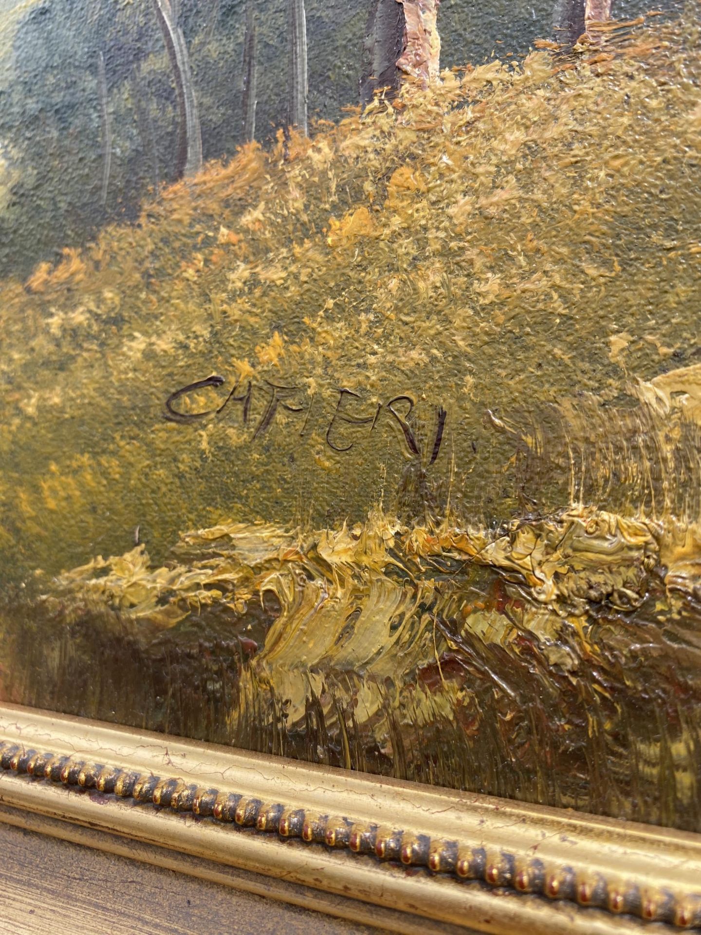 A GILT FRAMED OIL ON CANVAS OF A FOREST SCENE, INDISTINCTLY SIGNED - Image 3 of 4