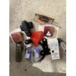 A GROUP OF CAR ITEMS - SPARE LIGHTS, TOWING KIT ETC