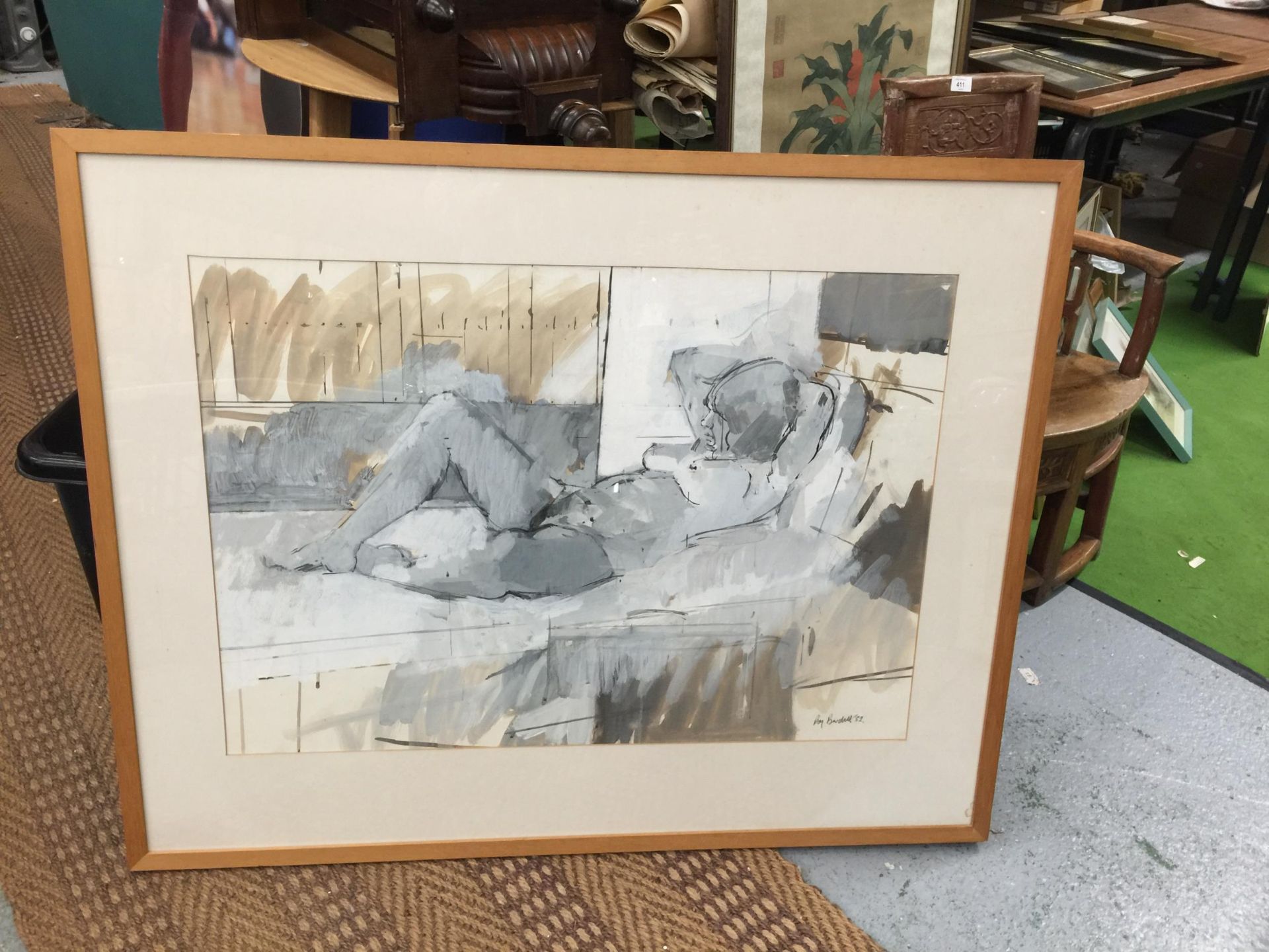 A FRAMED ABSTRACT PEN & INK WATERCOLOUR OF A NUDE LADY, SIGNED RAY BARDETT '82