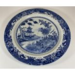 A LARGE CHINESE EARTHENWARE POTTERY BLUE AND WHITE CHARGER WITH PAGODA LANDSCAPE DESIGN, DIAMETER