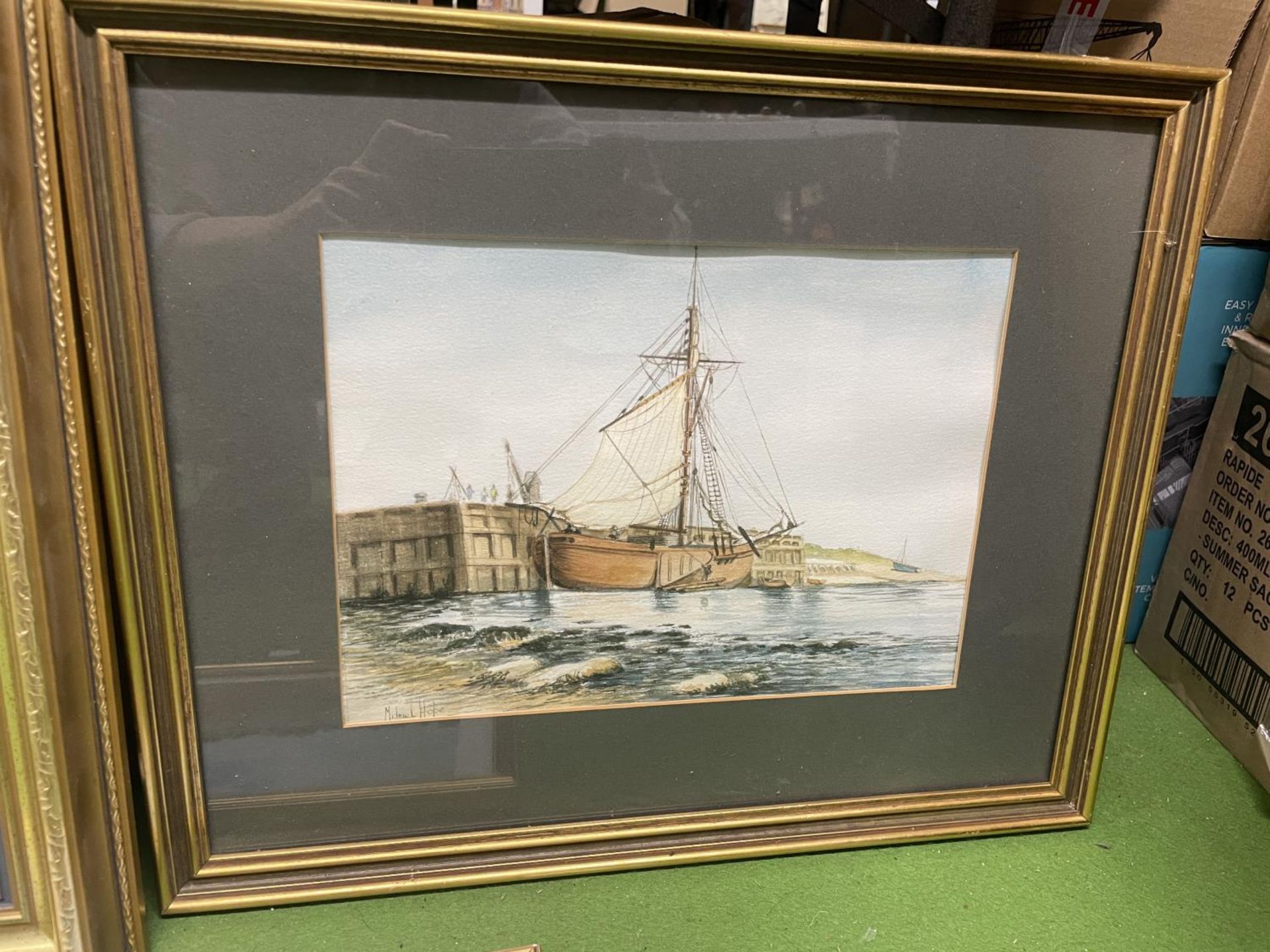 AN OIL ON CANVAS OF A RIVER AND BRIDGE, A WATERCOLOUR OF A SHIP SIGNED MICHAEL HOPE PLUS A PRINT - Image 4 of 4