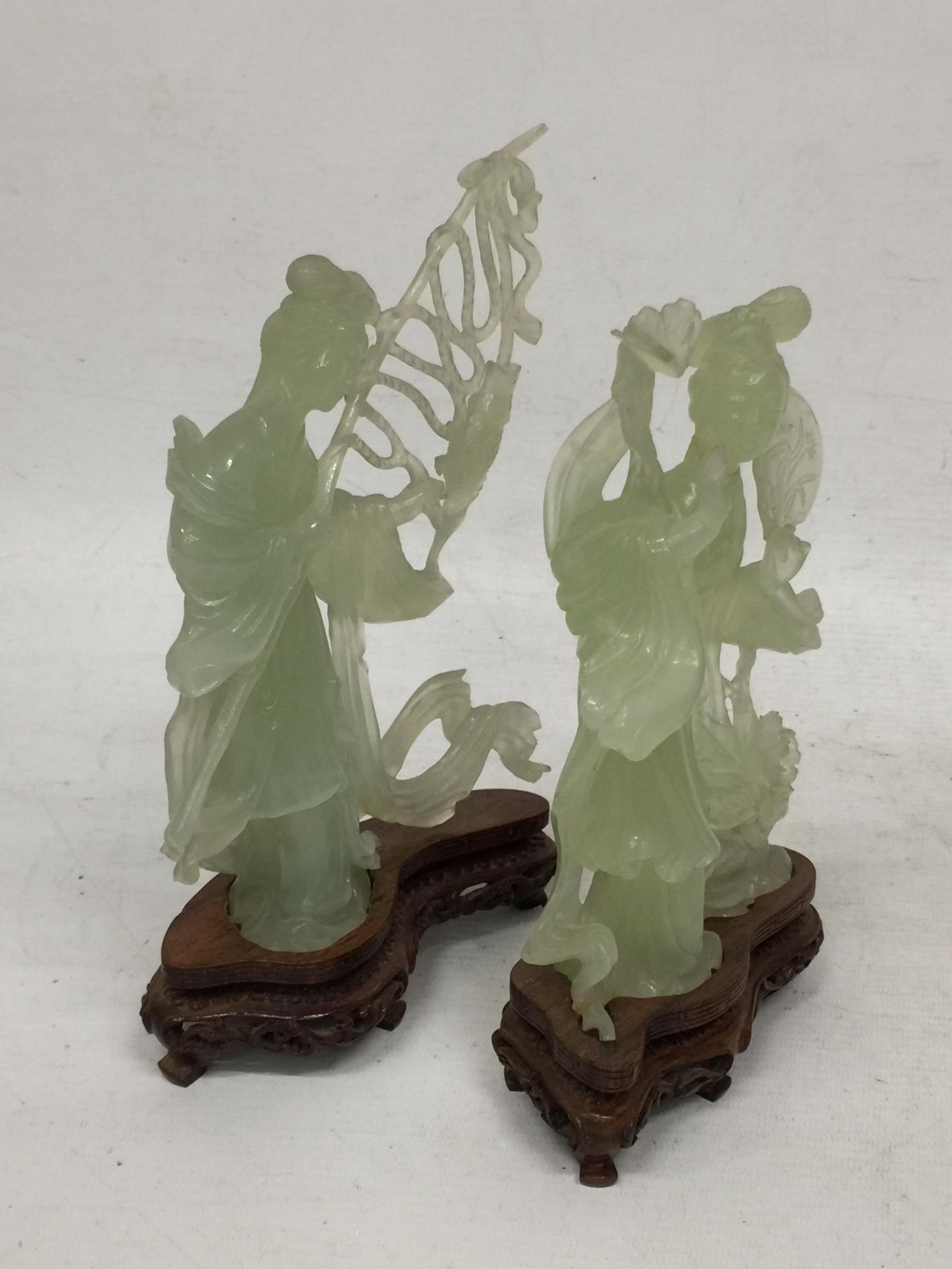 TWO CHINESE JADE TYPE CARVED FIGURES ON STANDS - Image 2 of 3