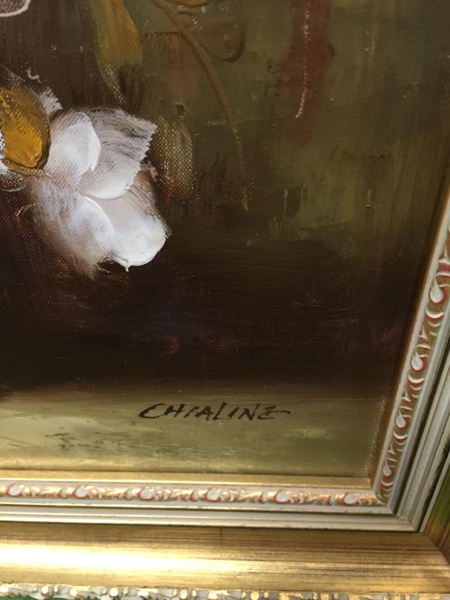 TWO GILT FRAMED OIL ON CANVAS STILL LIFE PAINTINGS ONE WITH THE SIGNATURE 'CHIALINE' - Image 3 of 3