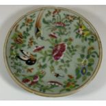 A 19TH CENTURY QING CHINESE CELADON BIRD AND FLORAL PORCELAIN PLATE, DIAMETER 18CM