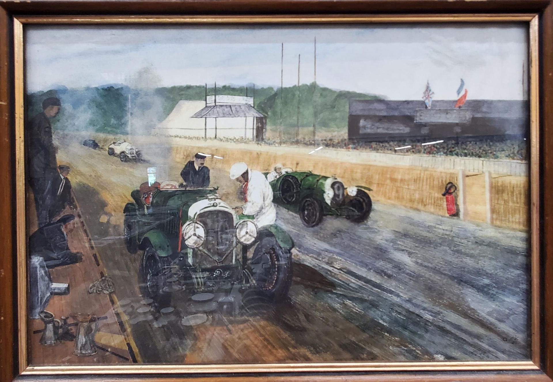 A WATERCOLOUR AND A PRINT OF VINTAGE RACING CARS ON A TRACK, SIGNED AND FRAMED - Image 3 of 3