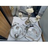 TWO VINTAGE LAMP SHADES WALL LIGHTS AND CANDLE HOLDER