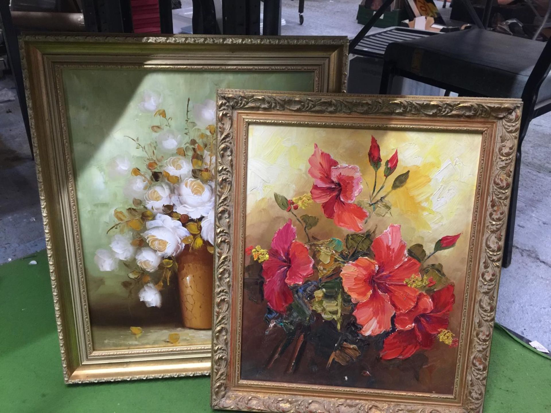 TWO GILT FRAMED OIL ON CANVAS STILL LIFE PAINTINGS ONE WITH THE SIGNATURE 'CHIALINE'