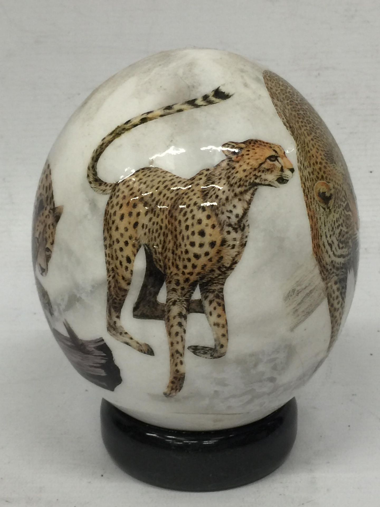 A HAND PAINTED OSTRICH EGG ON STAND WITH CHEETAH DESIGN, INDISTINCTLY SIGNED - Image 4 of 5