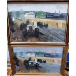 A WATERCOLOUR AND A PRINT OF VINTAGE RACING CARS ON A TRACK, SIGNED AND FRAMED