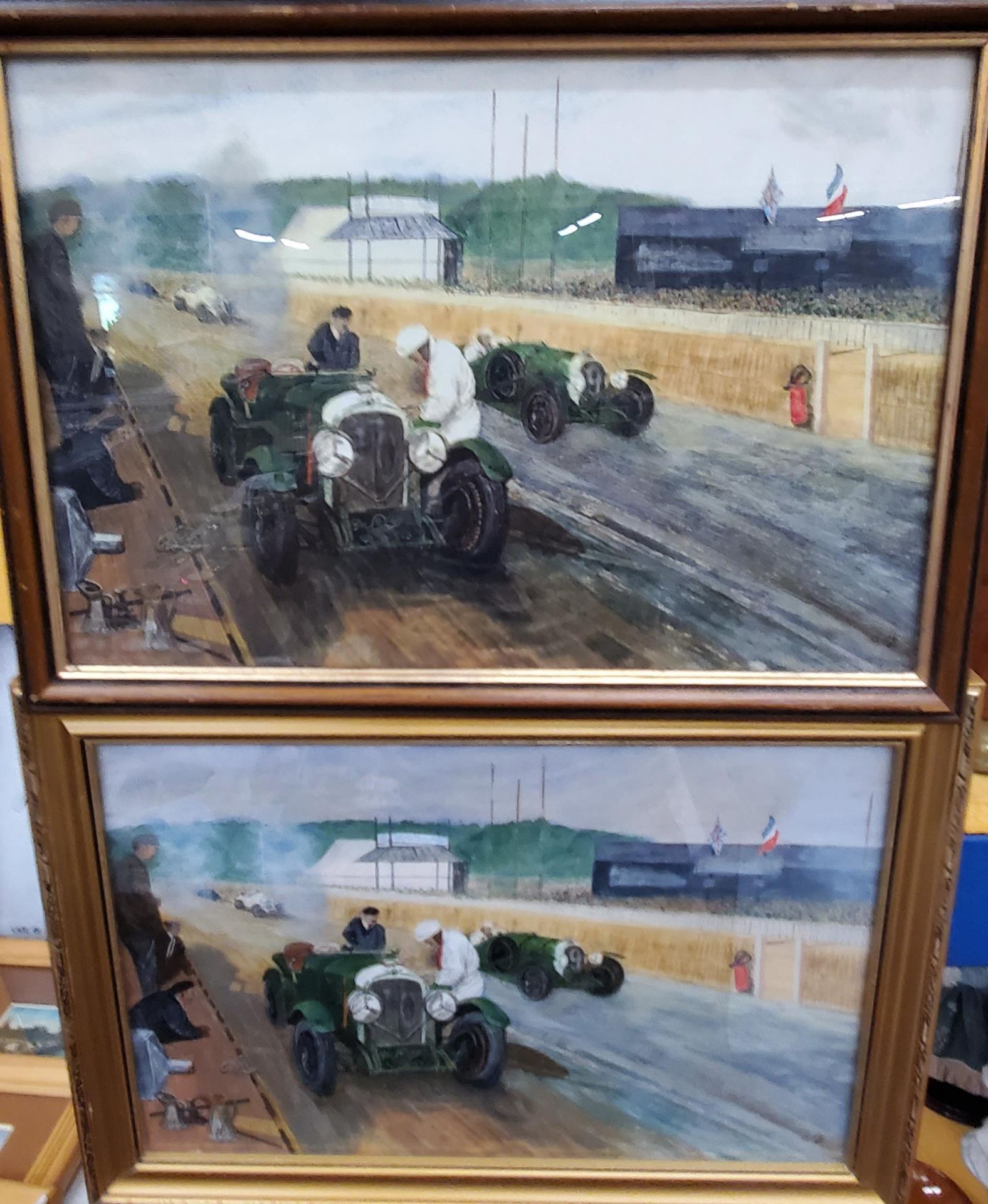 A WATERCOLOUR AND A PRINT OF VINTAGE RACING CARS ON A TRACK, SIGNED AND FRAMED