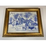 A GILT FRAMED CHINESE BLUE AND WHITE PORCELAIN PLAQUE WITH SCHOLAR FIGURES DESIGN, SIGNED TO TOP