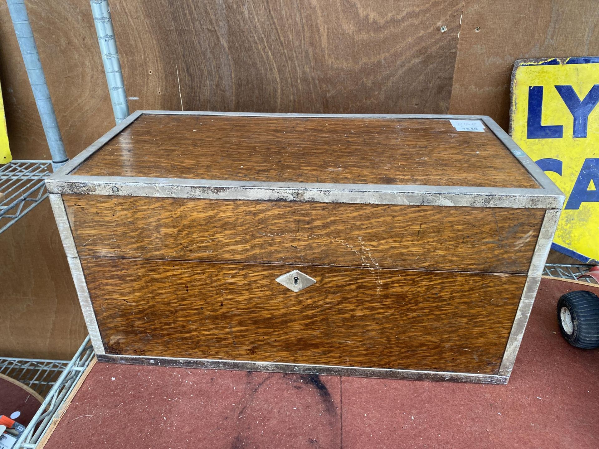 A VINTAGE METAL BOUND OAK TOOL BOX