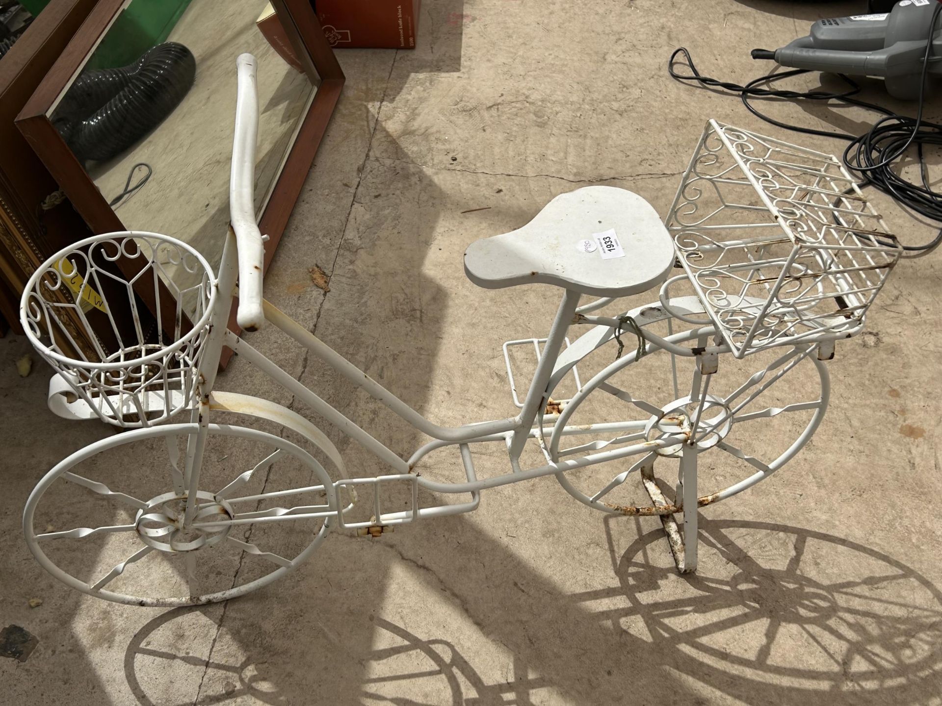 A VINTAGE WHITE METAL BICYCLE DESIGN PLANTER DISPLAY