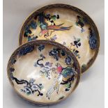 TWO LARGE LOSOL WARE BOWLS DECORATED WITH PARROTS AND FOLIAGE