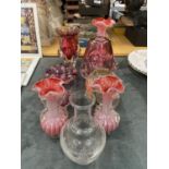 A QUANTITY OF COLOURED GLASSWARE TO INCLUDE VASES, A BOWL AND A JUG - 9 PIECES IN TOTAL