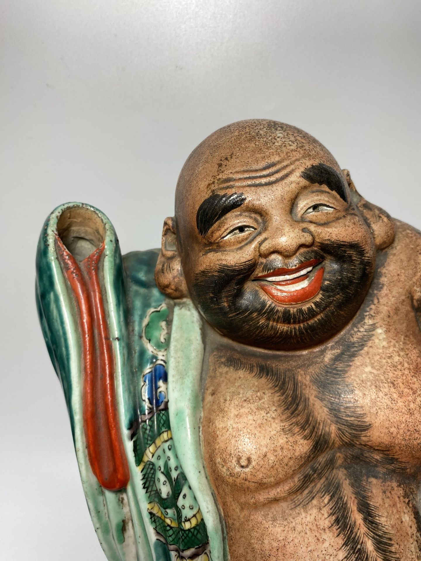 A LARGE JAPANESE MEIJI PERIOD (1868-1912) POTTERY MODEL OF HOTEI WEARING CHINESE DRAGON DESIGN ROBE, - Image 2 of 11