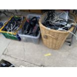 A COLLECTION OF VARIOUS EXTENSION CORDS, HEADPHONES AND OTHER ELECTRICALS