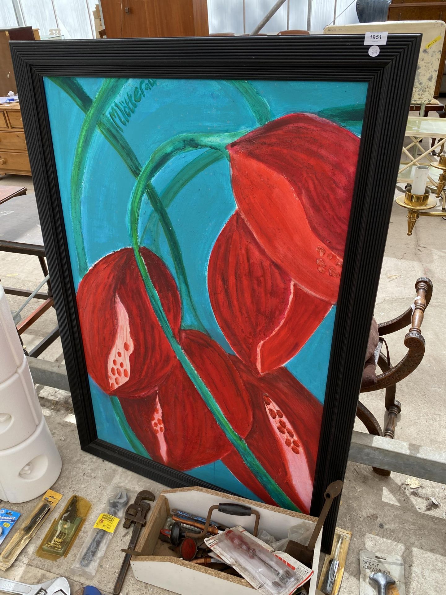 A LARGE ABSTRACT VIBRANT FLORAL OIL PAINTING, SIGNED MATTER, '94