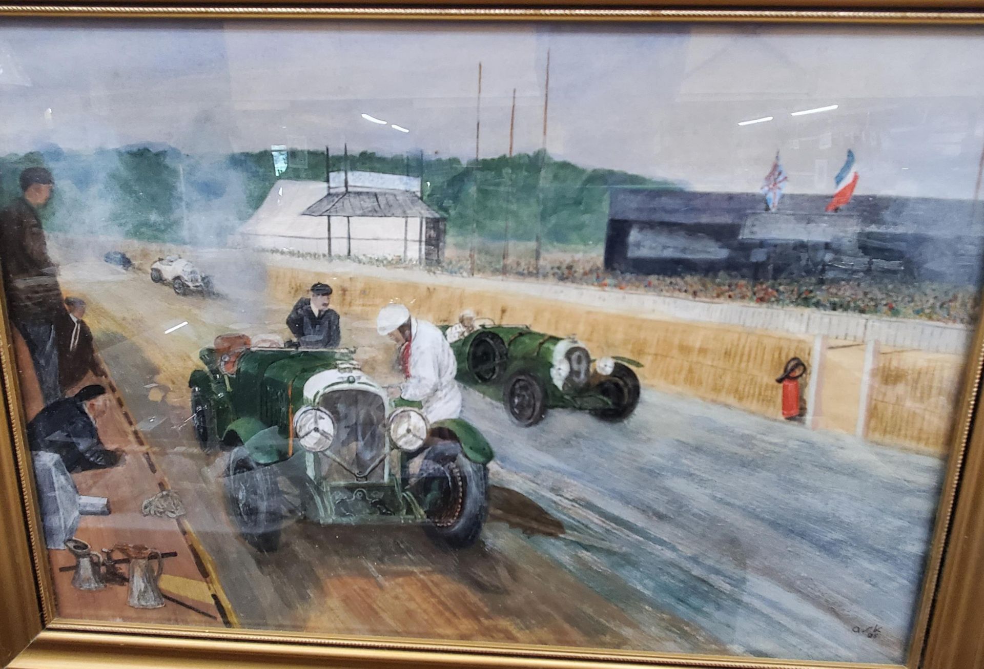 A WATERCOLOUR AND A PRINT OF VINTAGE RACING CARS ON A TRACK, SIGNED AND FRAMED - Image 2 of 3