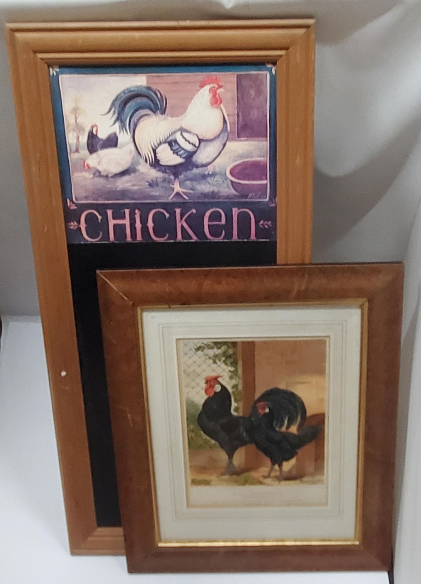 A CHICKEN BLACKBOARD AND A VICTORIAN PRINT OF A PAIR OF BLACK HAMBURGS