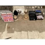 AN ASSORTMENT OF SUN HATS, THREE BOXED PAIRS OF WOMENS SHOES AND THREE POSTERS