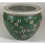 A CHINESE FISH BOWL DESIGN PLANTER / JARDINIERE WITH EXTERNAL FLORAL DESIGN AND INNER FISH DESIGN,