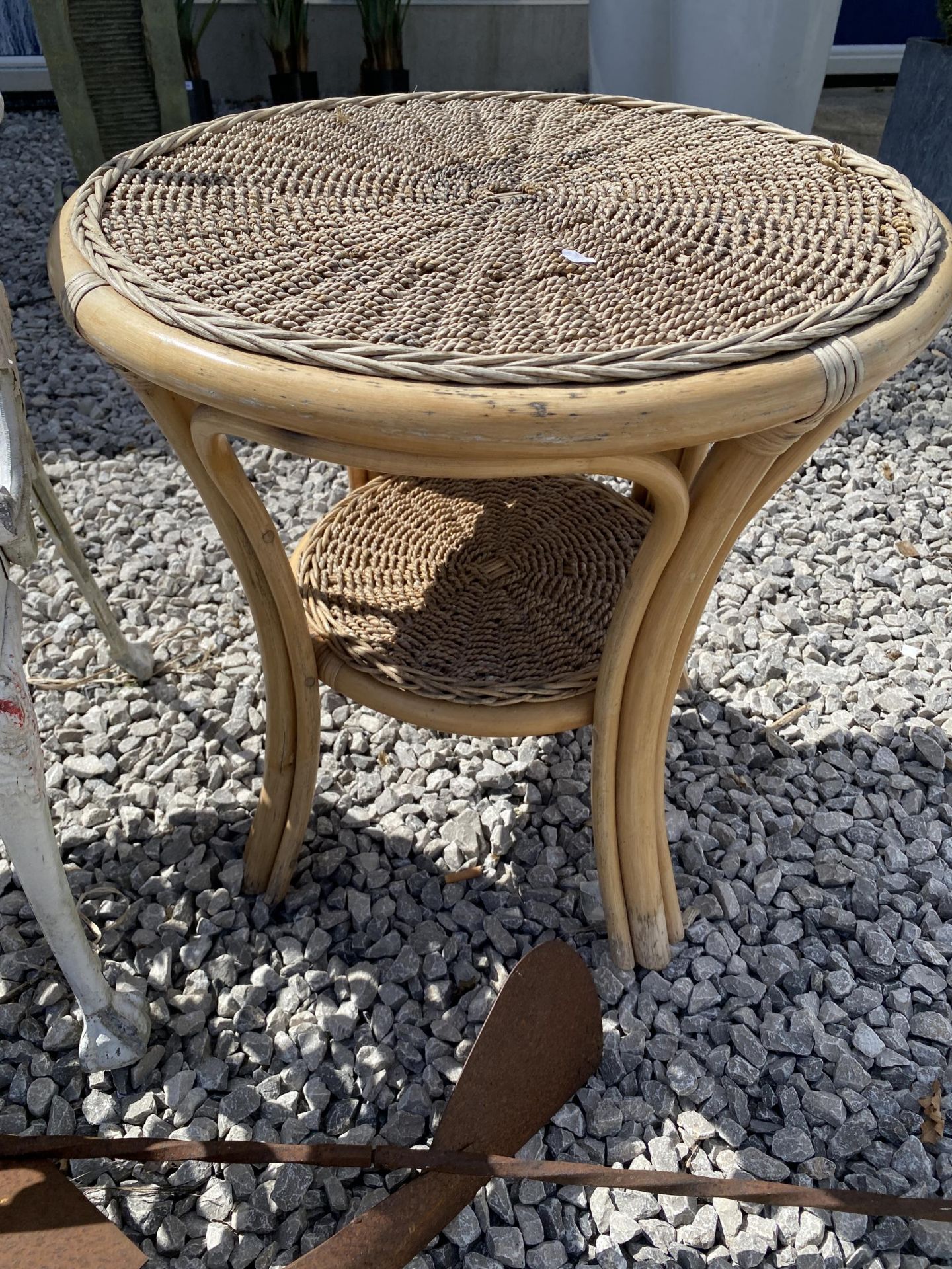 THREE GARDEN ITEMS TO INCLUDE A BISTRO CHAIR, CIRCULAR WICKER SIDE TABLE AND STEEL AEROPLANE - Image 2 of 4