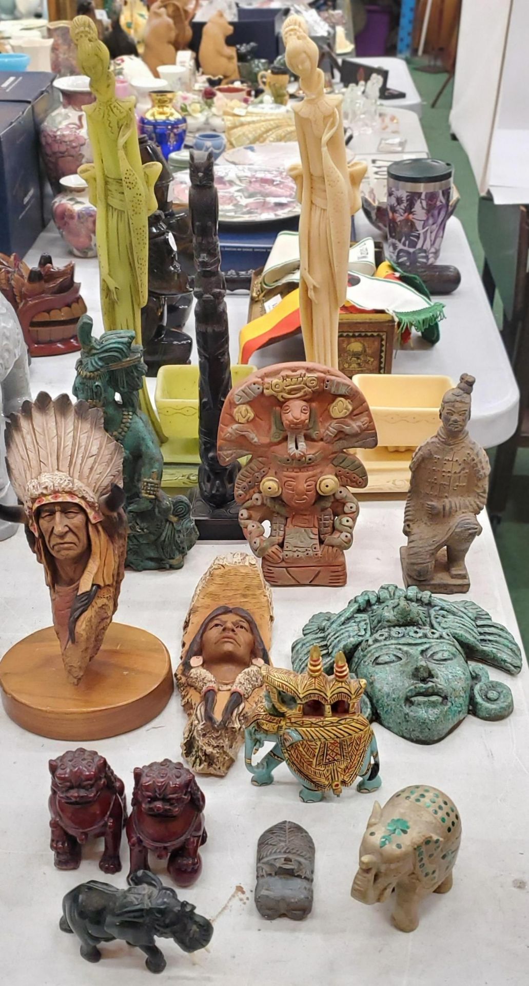 AN NATIVE AMERICAN BUST ON A PLINTH, WALL HANGING AND TOTEM POLE, ORIENTAL STYLE FIGURES, TERRACOTTA