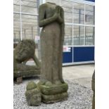 A LARGE RECONSTITUTED STONE BUDDHIST DIETY FIGURE A/F - HEIGHT (WITHOUT HEAD) 181 CM, DEPTH 43 CM