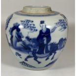 A LATE 19TH / EARLY 20TH CENTURY QING CHINESE BLUE AND WHITE OVOID FORM VASE WITH FIGURES AND DRAGON