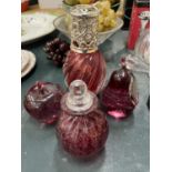 FOUR PIECES OF CRANBERRY GLASS TO INCLUDE A SCENT BOTTLE AND VINTAGE PERFUME BOTTLE WITH PONTIL MARK