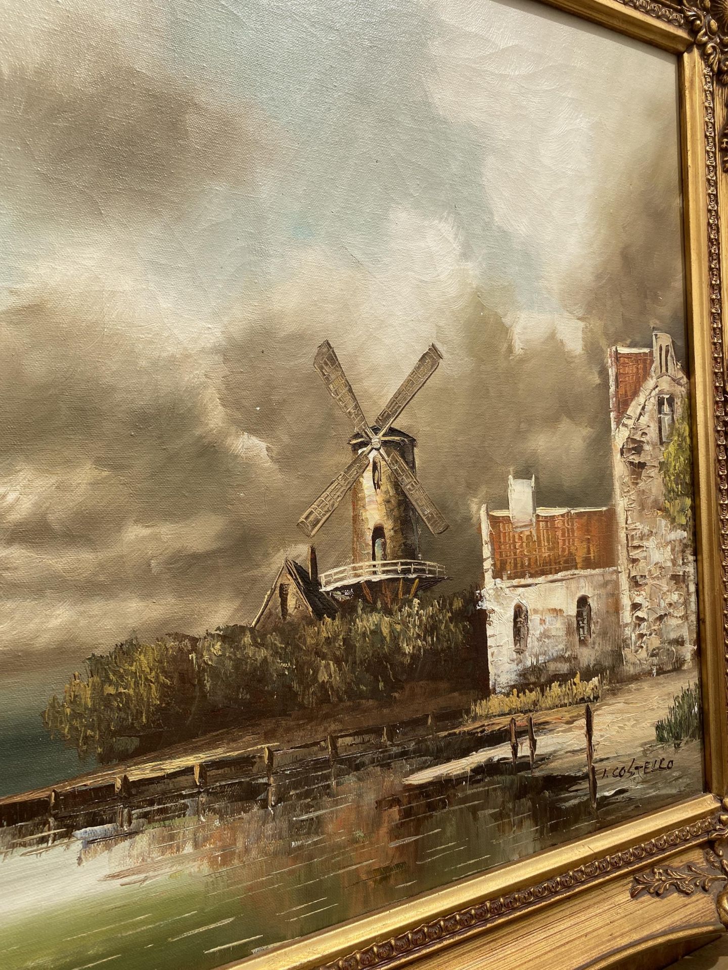 A GILT FRAMED OIL ON CANVAS OF A WINDMILL SCENE, SIGNED I.COSTELLO - Image 2 of 4