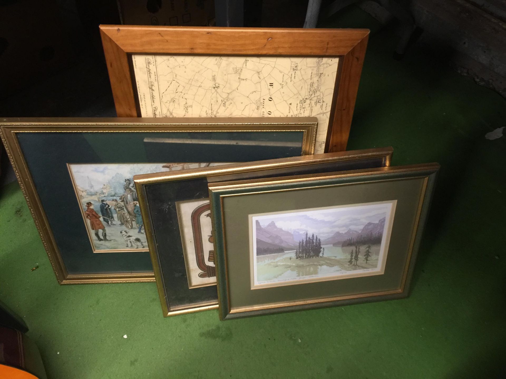 A GROUP OF FRAMED PRINTS, MAP, COLIN BROWN WATERCOLOUR, EGYPTIAN EXAMPLE ETC