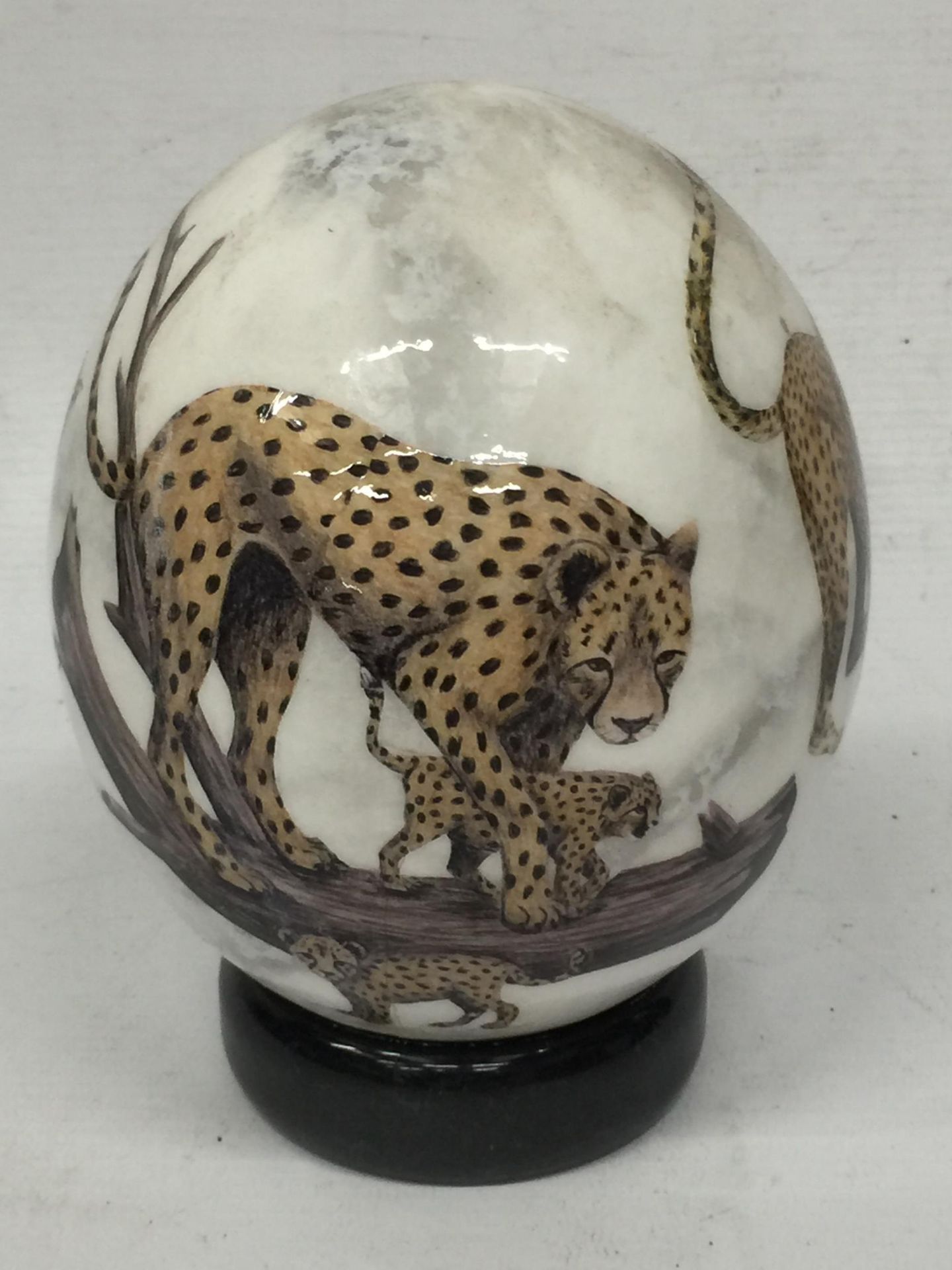 A HAND PAINTED OSTRICH EGG ON STAND WITH CHEETAH DESIGN, INDISTINCTLY SIGNED - Image 3 of 5