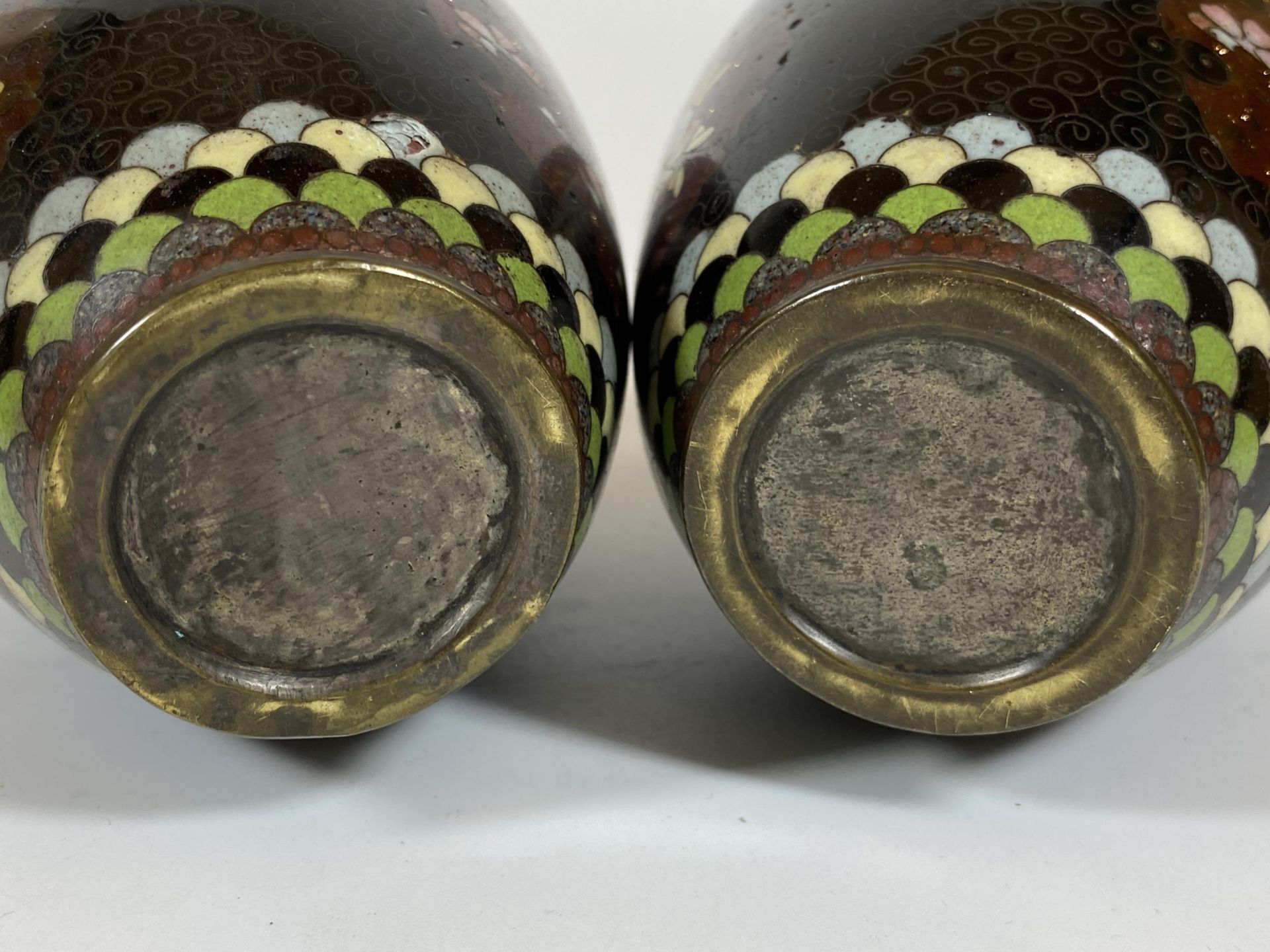 A PAIR OF JAPANESE MEIJI PERIOD (1868-1912) BIRD AND FLORAL DESIGN CLOISONNE OVOID FORM VASES, - Image 3 of 4