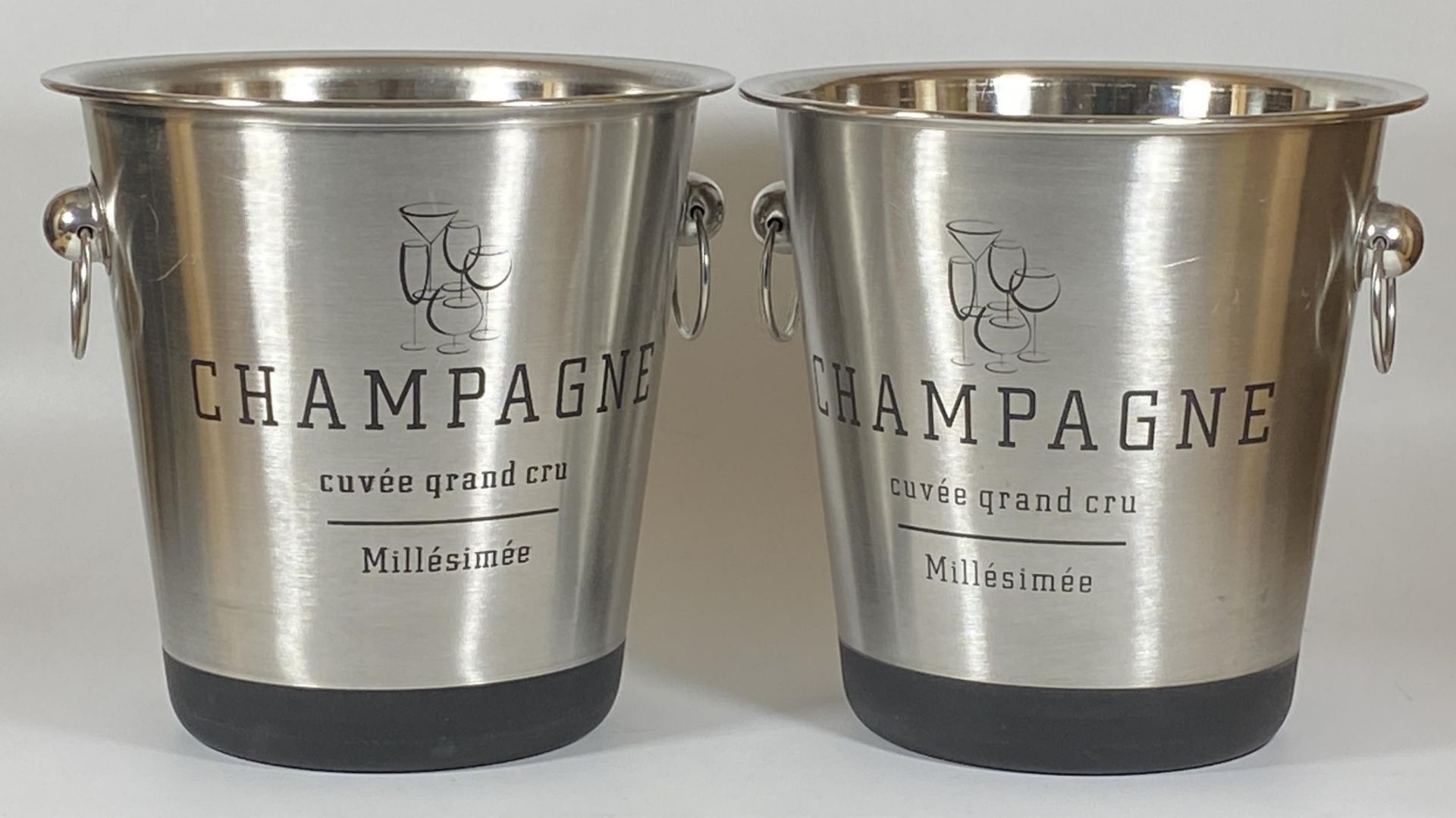 A PAIR OF CHROME EFFECT CHAMPAGNE GRAND CRU ICE BUCKETS, HEIGHT 21CM