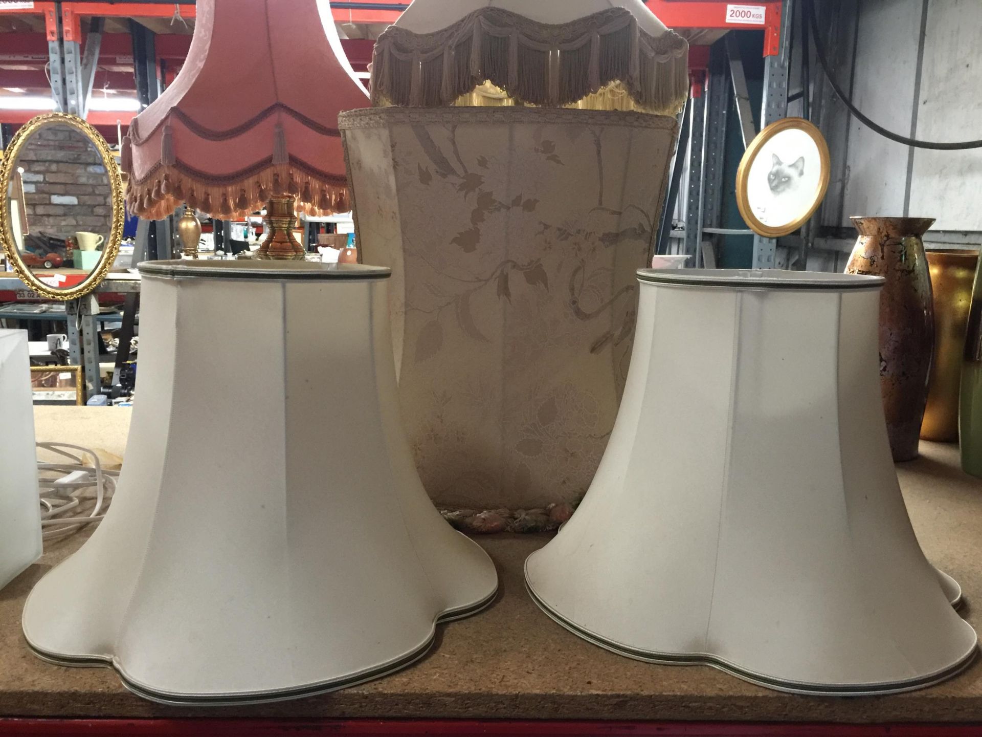 TWO SILK LAMP SHADES TOGETHER WITH LARGER EXAMPLE