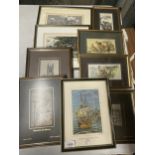 A COLLECTION OF FRAMED PRINTS AND SILKS, MACCLESFIELD SILKS ETC