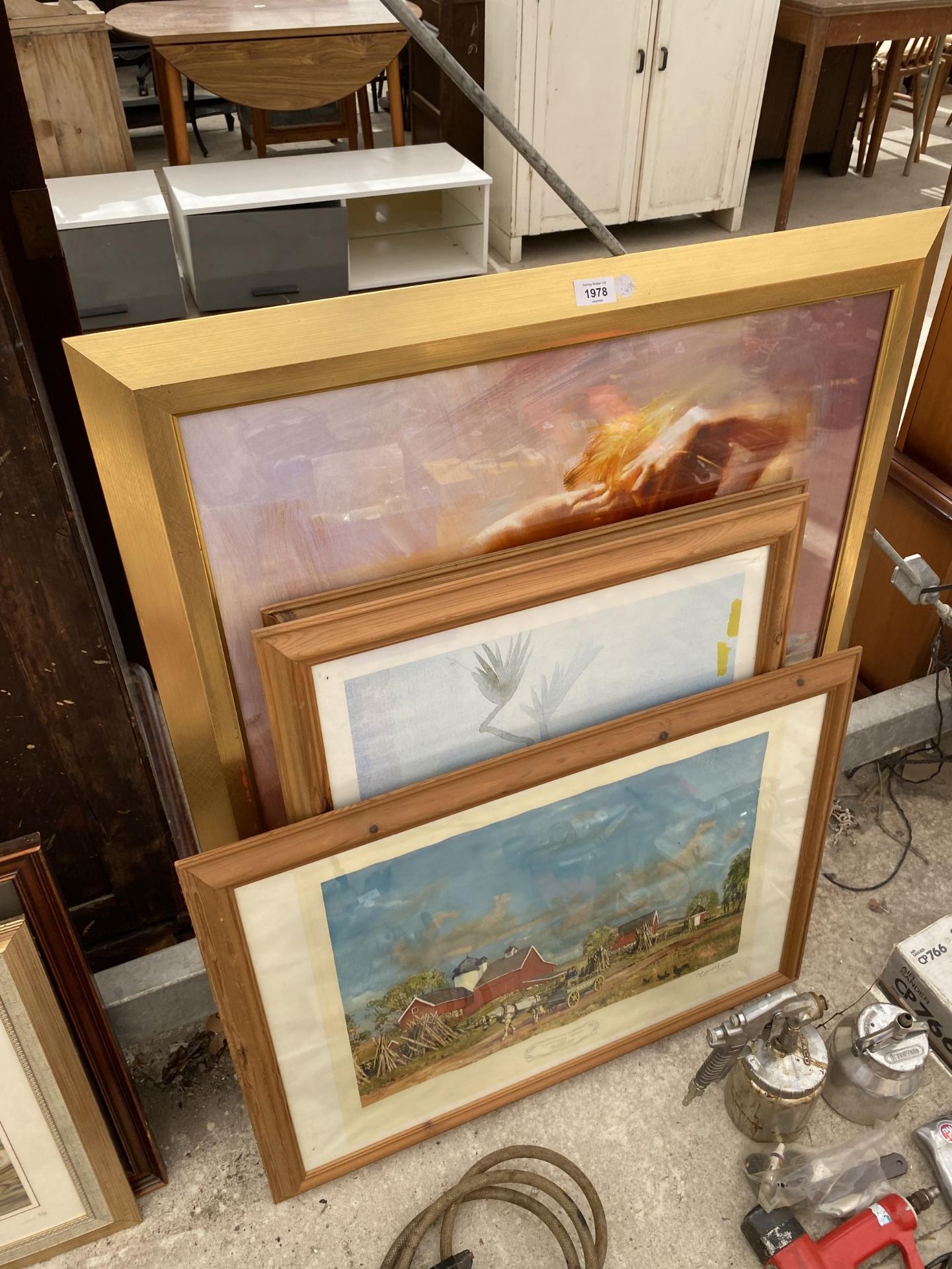 THREE FRAMED PICTURES TO INCLUDE COUNTRY FARM SCENE ETC