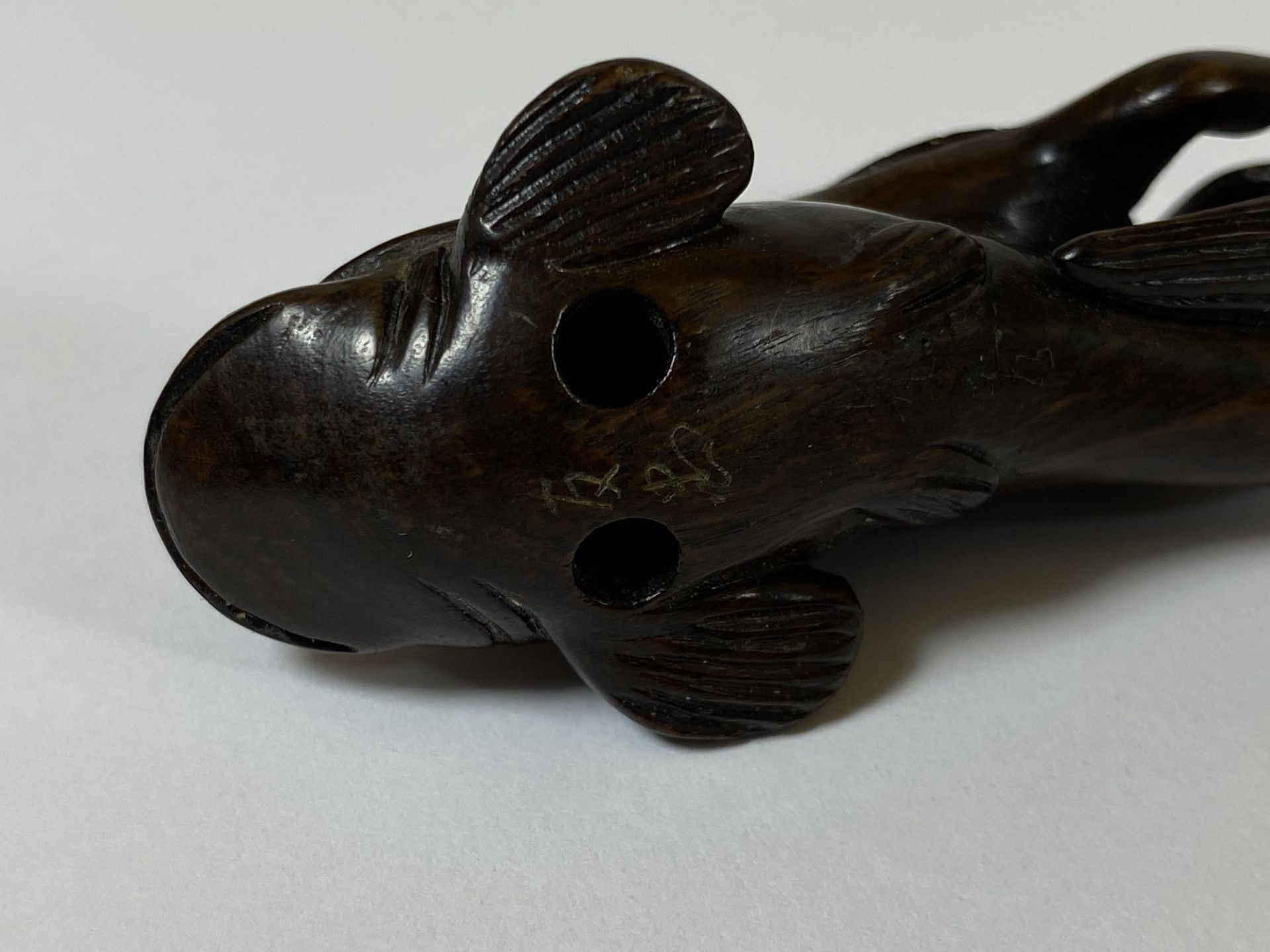 AN ORIENTAL NETSUKE OF A TURTLE MONKEY RIDING A NAMAZU (EARTHQUAKE FISH) SIGNED TO BASE, LENGTH 6. - Image 5 of 5